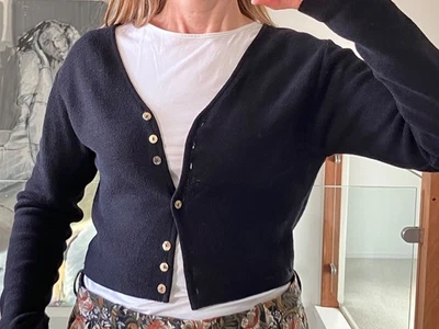 Sarah Pacini Ladies Classic Black Crop Length Cardigan Merino Wool Blend S/XS — 第 1/4 张图片