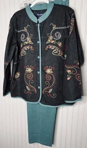 Denim & Co Jacket Pants Set Womens 1X Black Teal Embroidered Paisley QVC Style - Picture 1 of 22