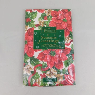 Mantel Vintage Nuevo de Lote Antiguo Holly Poinsettia Navidad Franela Trasero 52" Cuadrado #7966 Foto 1 de 4