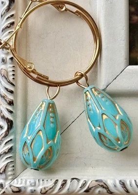Etched Turquoise and Gold Teardrop Hoop Earrings. - Image 1 of 3
