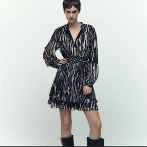 Zara Black White Zebra Print Tiered Mini Dress Long Sleeve Smocked Waist - Picture 1 of 17