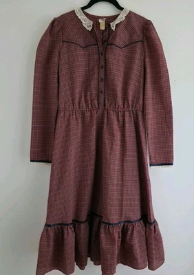 Vintage Gunne Sax Estilo Pradera Cuadros Encaje Manga Larga Botón Delantero Mujer Talla 9 Foto 1 de 4