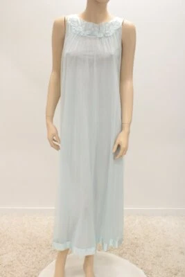 Vintage Long Nightgown Blue Double Nylon Sheer Chiffon Satin Trim S Ethereal Fem - Image 1 of 4
