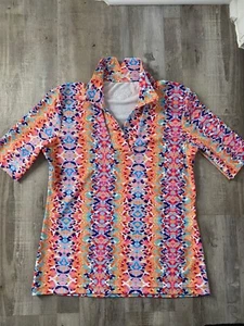 NEW Tzu Tzu Womens Polo Stretch Short Sleeve Abstract Golf Tennis Shirt Top M - Picture 1 of 7