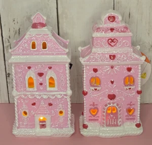 2025 Hobby Lobby 2Valentines Pink Glitter Gingerbread Houses Light Up NEW - Picture 1 of 10