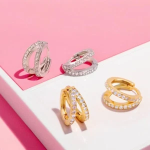 Pave Huggie Hoop Earrings Sparkling Double Layer Statement Womens Jewellery Gift - Picture 1 of 8
