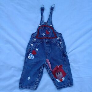 Hand Painted Size 12 Months Faded Glory Button Patchwork Blue Denim Overalls