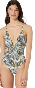 NWT BCBG Max Azria Plunge V Neck Cross Back Herringbone 1 Piece Bathing Suit 10 - Picture 1 of 12