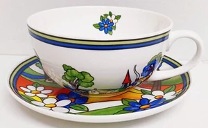 Village Art Deco Cup & Saucer Bone China Exclusive Countryside Scene Cappuccino - Picture 1 of 7
