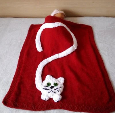 Manta bebé lana tejida a mano con gatos roja edredón Halloween con gato blanco Foto 1 de 4