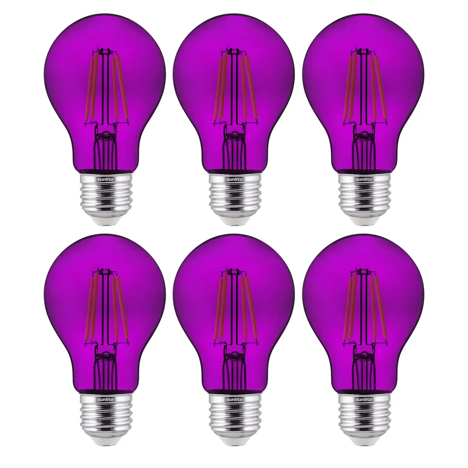 6PK A19 LED Transparent Purple Light Bulb, 4.5W, E26 Base, 120V, 320° Beam Angle - Image 1 of 1