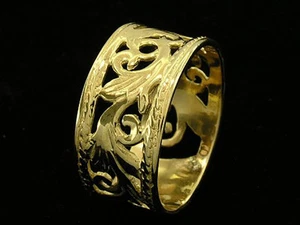 R001- GENUINE 9ct 9K SOLID Gold Botanical WIDE Filigrane Band Wedding Ring size Q - Imagen 1 de 2
