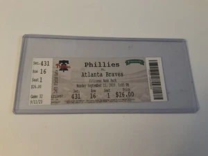 PHILLIES~2023 TICKET STUB 9/11/23 VS BRAVES HR Acuna Jr.-Harper-Turner SGA - Picture 1 of 1