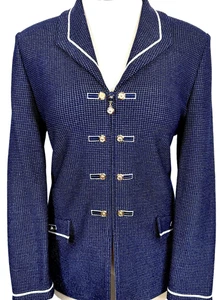 St John Knit Long Jacket Navy white zip gold logo buttons NWOT size 14 - Picture 1 of 9