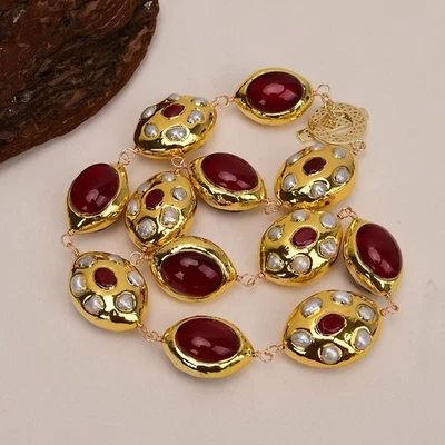Natural Red Agate Gold Plated Egg Shape White Pearl Jade Paved Beads Necklace - Image 1 of 4