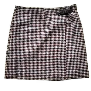 Boden British Tweed Wool Skirt Houndstooth Plaid Tan Blue Red Sz US 14L - Picture 1 of 9