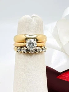 1.5CT Round Moissanite 14K Gold Plated Silver Bridal Wedding Ring Set For Her - Picture 1 of 4