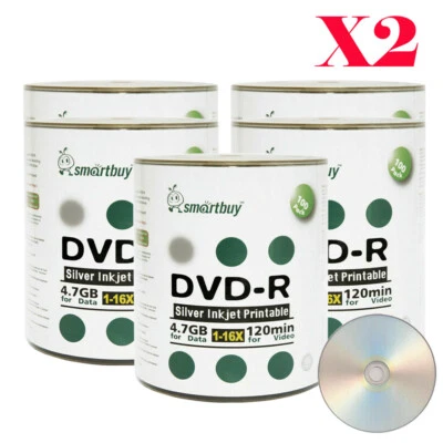 1000 Grade A+ Smartbuy 16X DVD-R 4.7GB Silver Inkjet Hub Printable Record Disc - Image 1 of 2