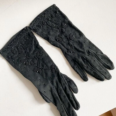 Guantes de muñeca negros elásticos vintage de buena calidad 7 NUEVO sin usar Foto 1 de 4