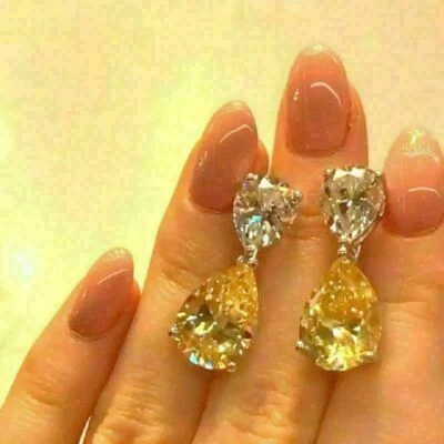 4Ct Pear Yellow Citrine CreatedDiamond DropDangle Earrings 14K White Gold Plated - Image 1 of 3