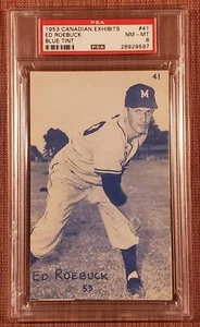 1953 Canadian Exhibits Blue Tint #41 Ed Roebuck LA Dodgers Baseball Card PSA 8 - Picture 1 of 2