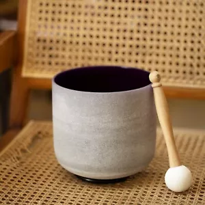 6 inch B Note Crown Chakra Purple Colored Frosted Quartz Crystal Singing Bowl - Picture 1 of 7