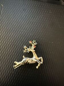 Vintage Goldtone Reindeer Pin/Brooch With Faux Jewels Unmarked