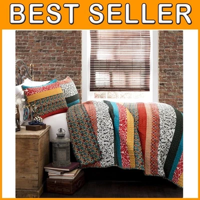 Juego de edredón de algodón reversible a rayas boho - tamaño completo/queen Foto 1 de 4