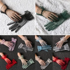 Elastic Lotus Leaf Sheer Mittens Solid Color Lace Full Finger Gloves Soft - Picture 1 of 21