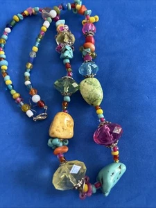 Chunky Beaded Statement Necklace Multicolor 10” Drop Hippie BO HO - Picture 1 of 4