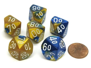 Gemini 16mm Tens D10 (00-90) Dice, 6 Pieces - Blue-Gold with White Numbers - Picture 1 of 1