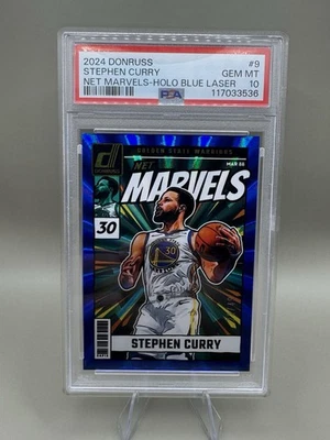 2024 PANINI DONRUSS NET MARVELS #9 STEPHEN CURRY NET MARVELS-HOLO BLUE LASER PSA - Image 1 of 4