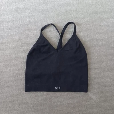 套装活动运动文胸女式 S 黑色罗纹赛车长线健身房瑜伽运动员 — 第 1/4 张图片