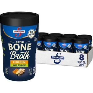 Swanson Chicken Bone Broth Ginger Turmeric 10.75 oz Microwavable Cup 8 Pack - Picture 1 of 8