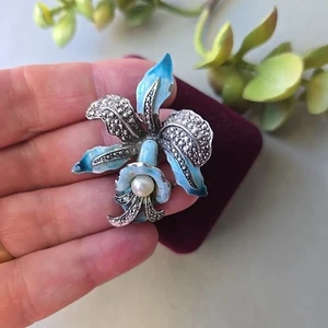 Vintage Silver Tone Enameled Orchid Flower Pot metal Pin brooch - Picture 1 of 3