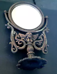 Antiker viktorianischer Cherub Bronze Kosmetikspiegel verstellbar mit Ständer Gusseisen 18"T - Bild 1 von 6