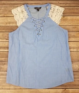 Express Sleeveless Top Women Size M Blue Striped Lace Shoulder Casual - Picture 1 of 11