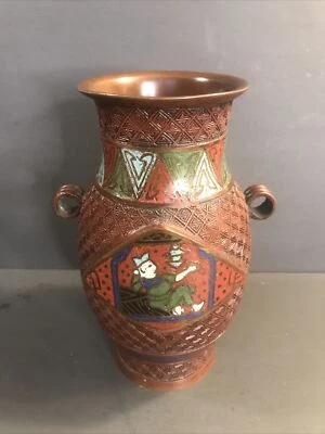 Jarrón chino antiguo de bronce/trabajo de esmalte/cloisonné/ChinaC.1950/rojo, azul, verde Foto 1 de 4