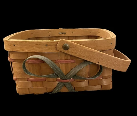 Small Woven Brown Basket w/ Green Bow & Handle - 8x7x4 in Cover