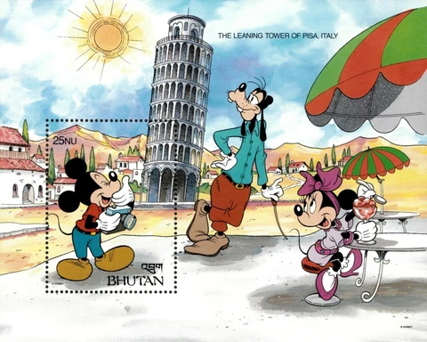 Bhutan 1991 - Disney, World Wonders, Mickey, Leaning Tower of Pisa - S/S - MNH Cover