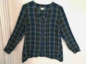 J Jill Damen Bluse M blau grün weiß kariert Knopfleiste V-Ausschnitt Shirt Langarm - Bild 1 von 4