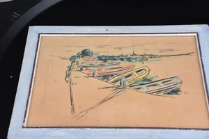 DAVID HENDLER , ORIGINAL PAINTING,  ,47 X33 CM, BOATS ON A RIVER (YARKON ?) BANK - Picture 1 of 10