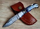 Blue Hunting Survival Handmade Folding Damascus Knife With Leather Sheat A