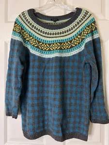 Talbots Fair Isle Sweater Women’s Plaid Lambswool Blend Gray Blue Large L - Picture 1 of 7