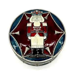 Large Round Nutcracker Hinged Metal Drum Enameled Trinket Box -Mirror Inside - Picture 1 of 12