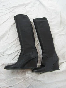 LANVIN Black Leather Knee High Wedge Boots - Size 7 - Picture 1 of 10