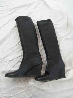 LANVIN Black Leather Knee High Wedge Boots - Size 7 - Image 1 of 4