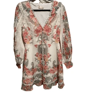 Anthropologie-{Champagne & Strawberry}- Shimmer Rose Button Down Lace Trim Dress - Picture 1 of 9