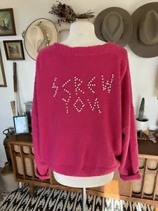 Rare! G.E.M. Lazy Oaf Screw You Oversized Fuscia Cropped Cardigan Size M/L - Picture 1 of 13