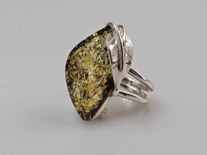 Amber ring green Baltic amber sterling silver 925. Size adjustable - Picture 1 of 6